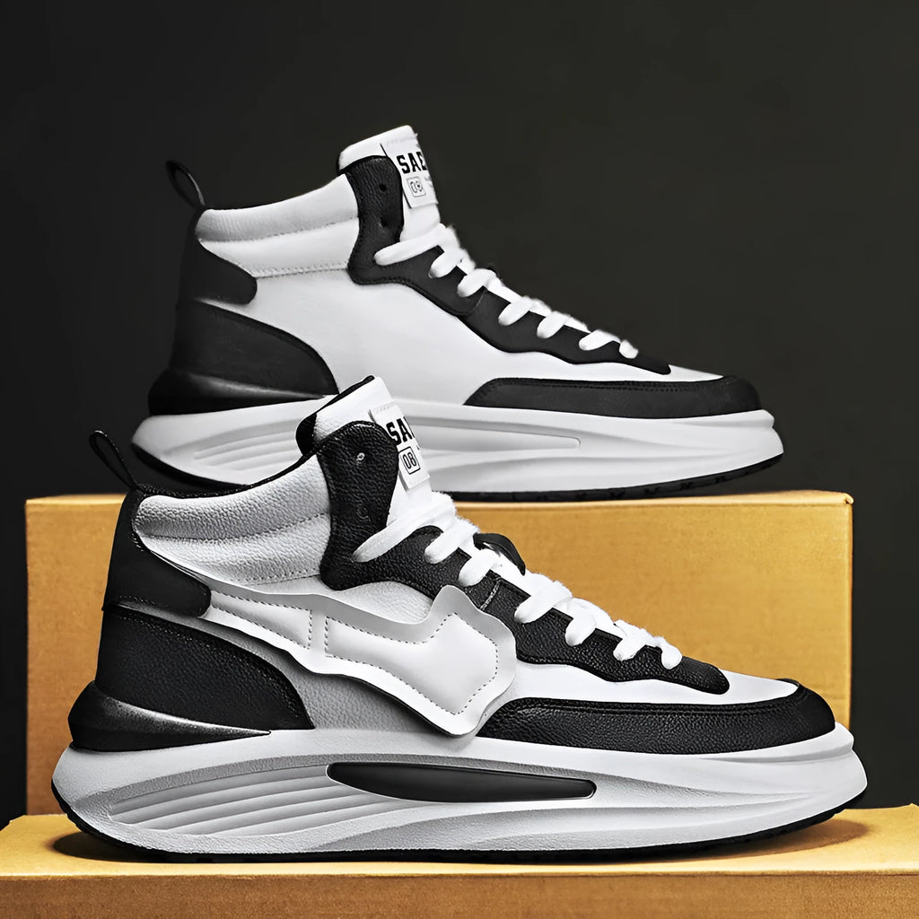 Men's black and white platform high-top board shoes with round toe and artificial PU construction