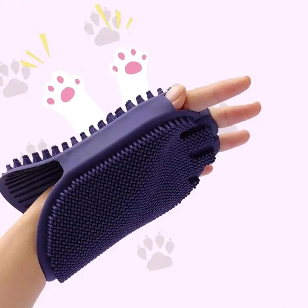 Purple dual-sided pet shampoo brush with soft TPR bristles for dog and cat bathing