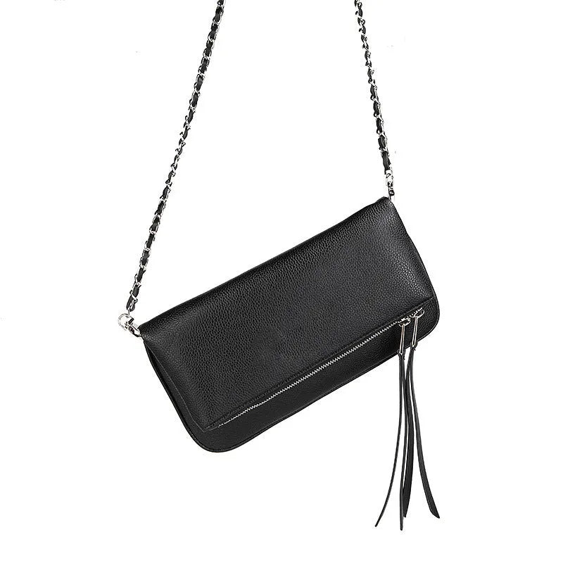 Women's black chain folding clutch messenger bag with detachable strap and gold hardware