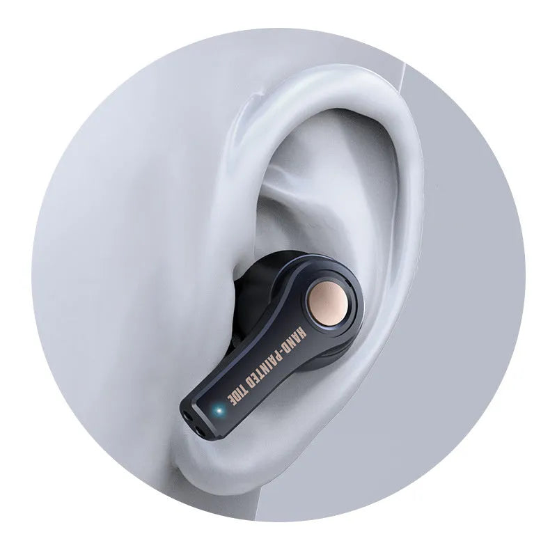 Black and white wireless Bluetooth headset with over-ear design.
