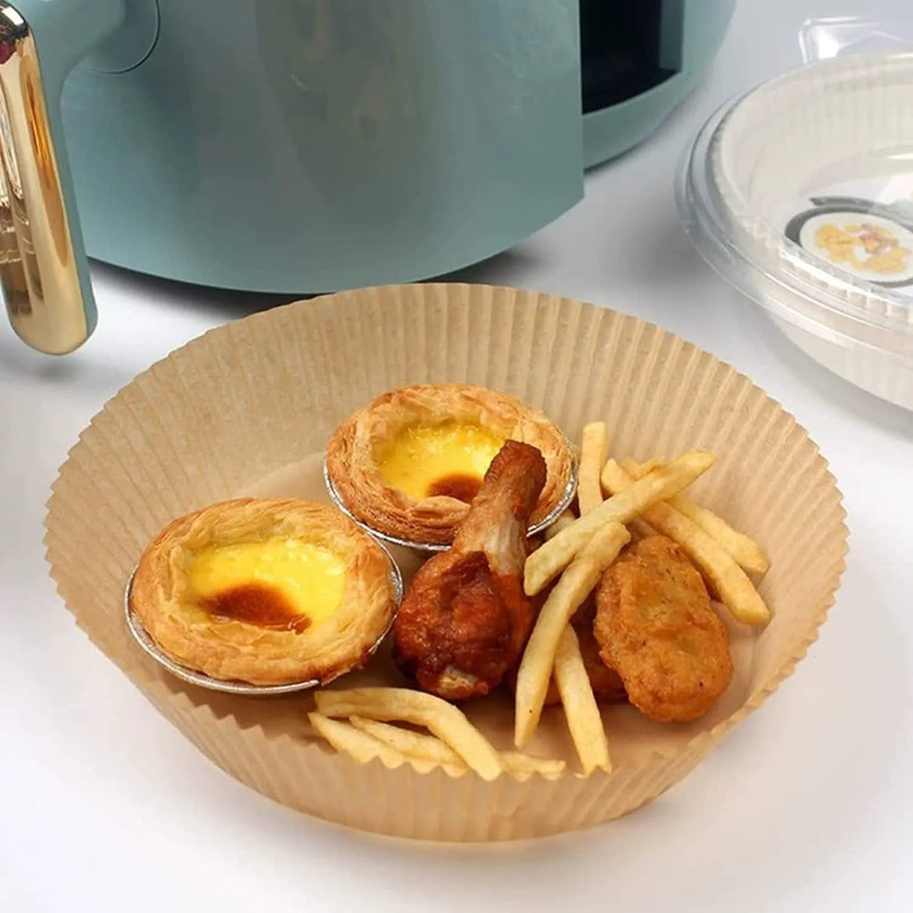 Pack of white round disposable paper liners for air fryer with 4.5cm high edge