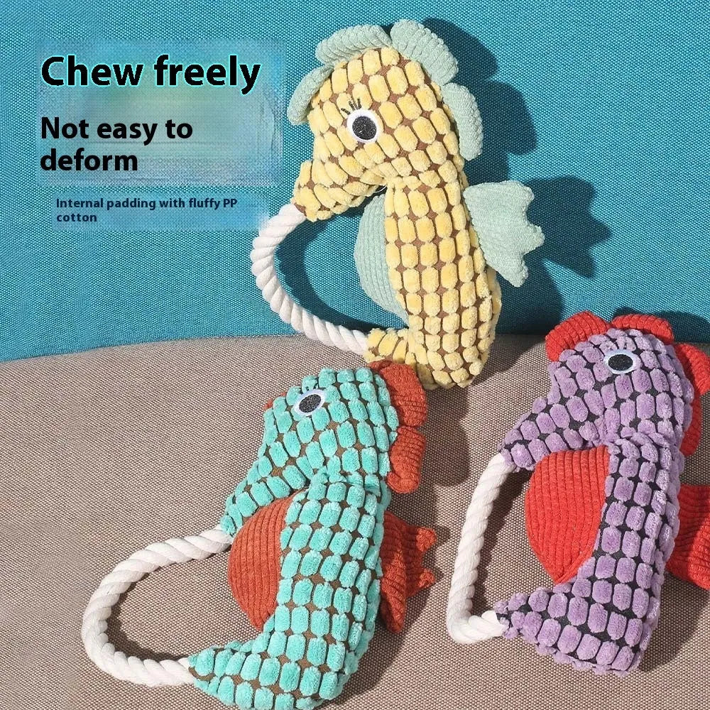 Pineapple velvet molar pet toy in green seahorse design with plush texture and squeaker, 16.5x23.5cm