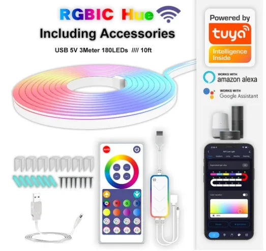 3-metre long RGB magic colour LED neon strip light with remote control on a dark background.