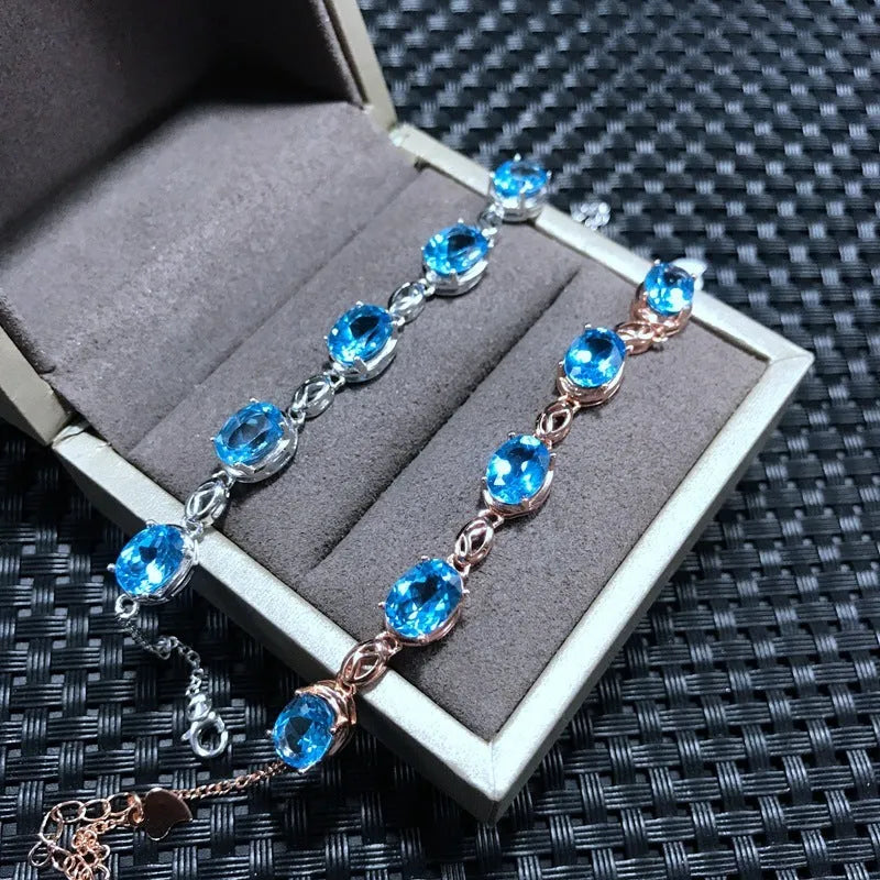 Natural topaz bracelet in 925 sterling silver with five 6x8mm Mozambique gemstones micro inlay rose gold colour