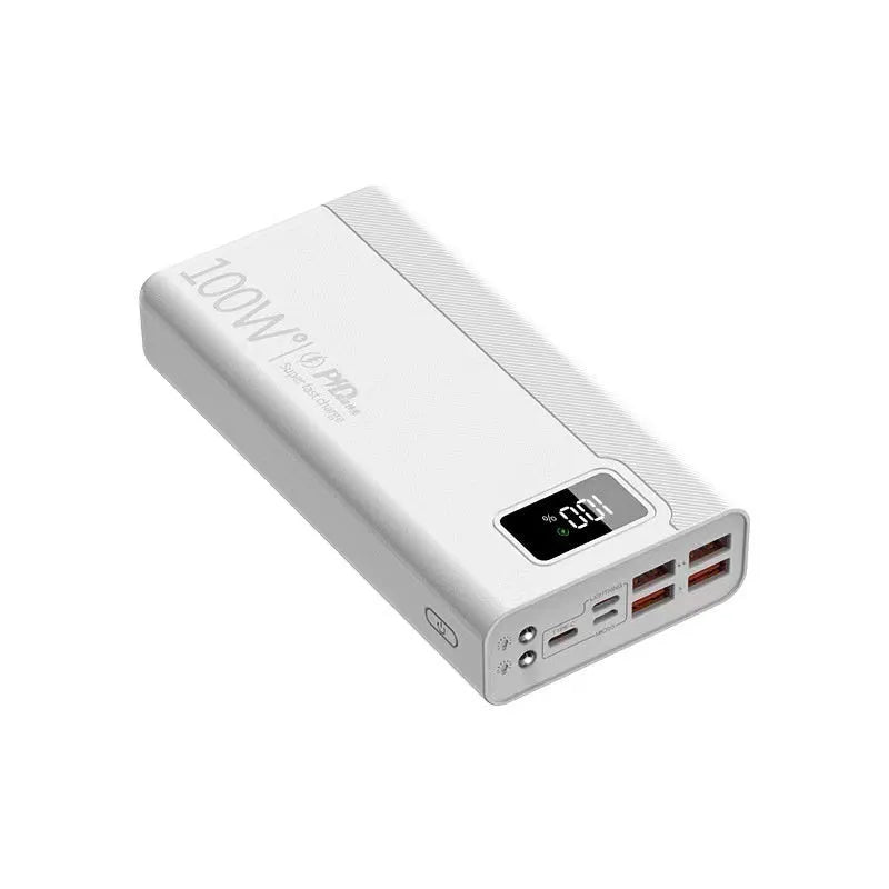 Large capacity power bank in black or white with plastic shell, dimensions 150×76×30-50mm
