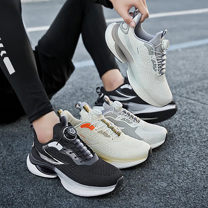 Rotating button running shoes in beige with Fly-kit mesh upper and buckle fastening
