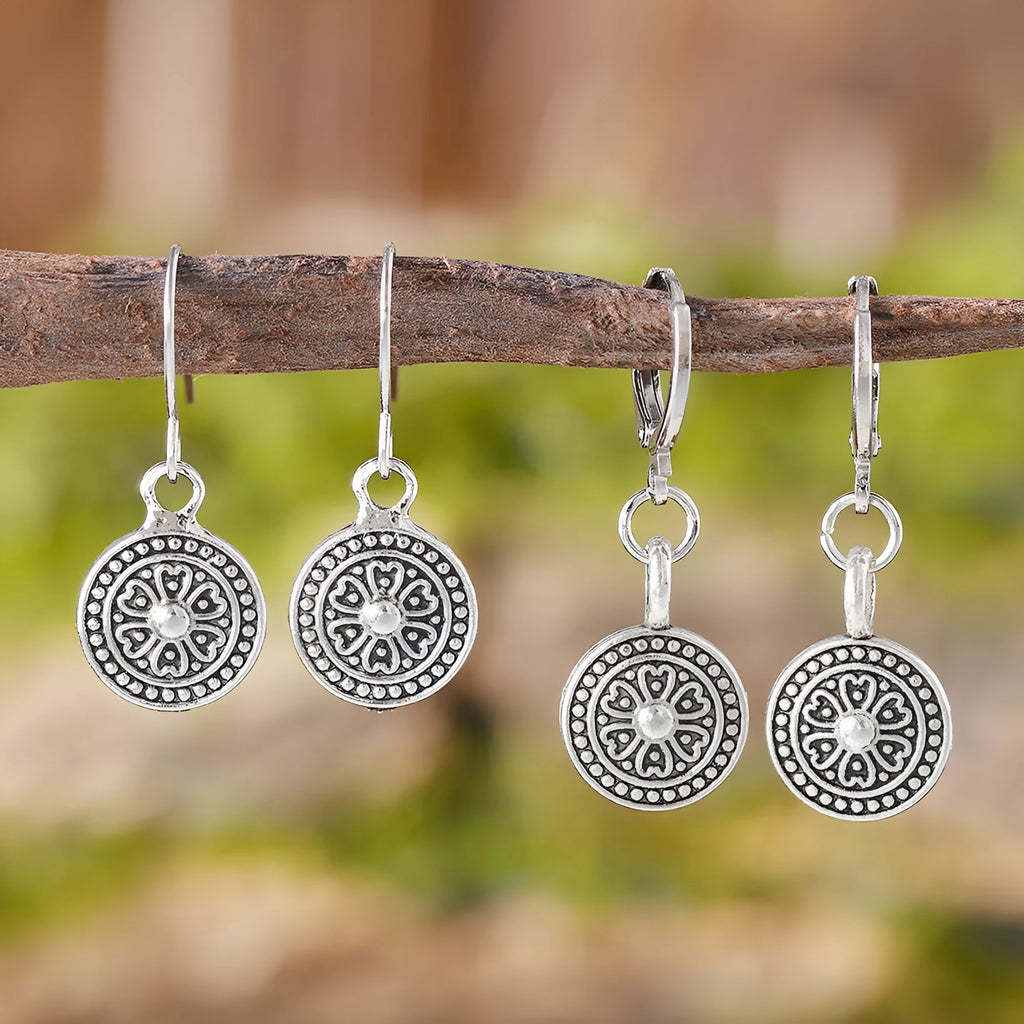 Bohemian retro distressed ethnic earrings with round geometric shape and circular prints