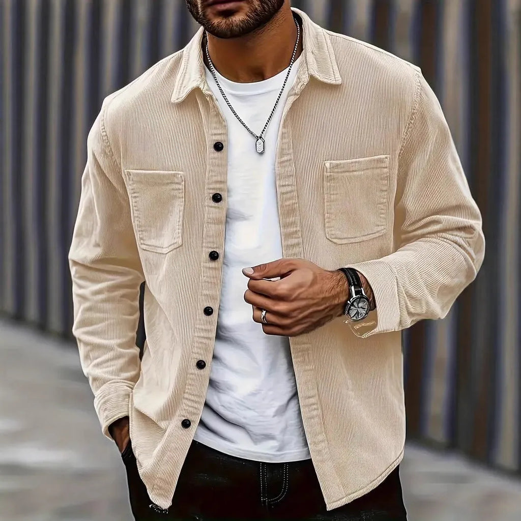 Men's corduroy button jacket in solid colour – army green, front view, with button closure and classic collar
