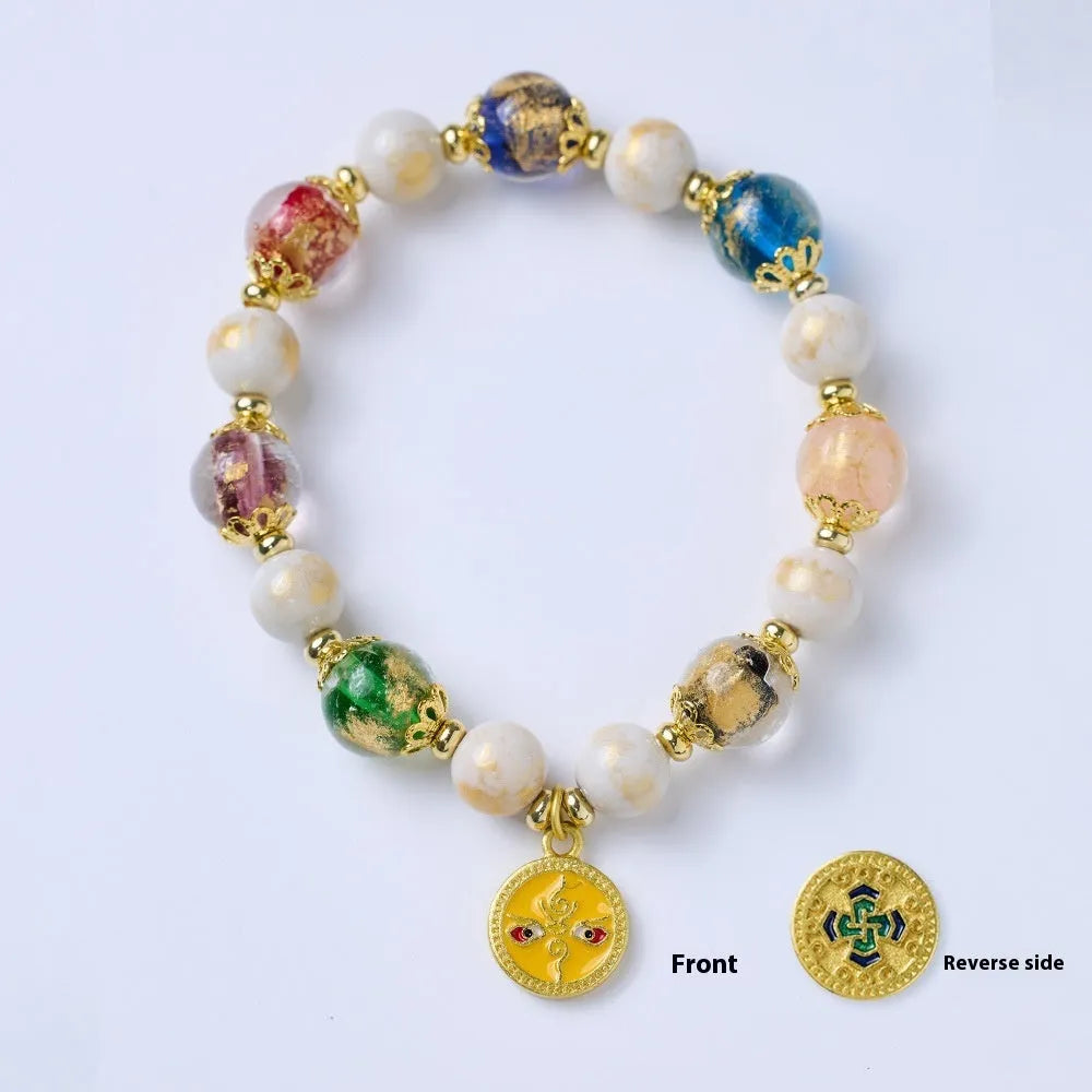 Handmade glazed bracelet with Five Gods of Wealth charm and 10mm geometric beads.