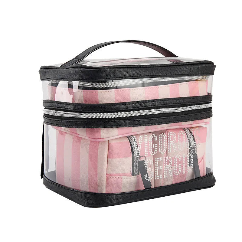 Pink bold stripes floral pattern makeup bag with synthetic leather waterproof construction