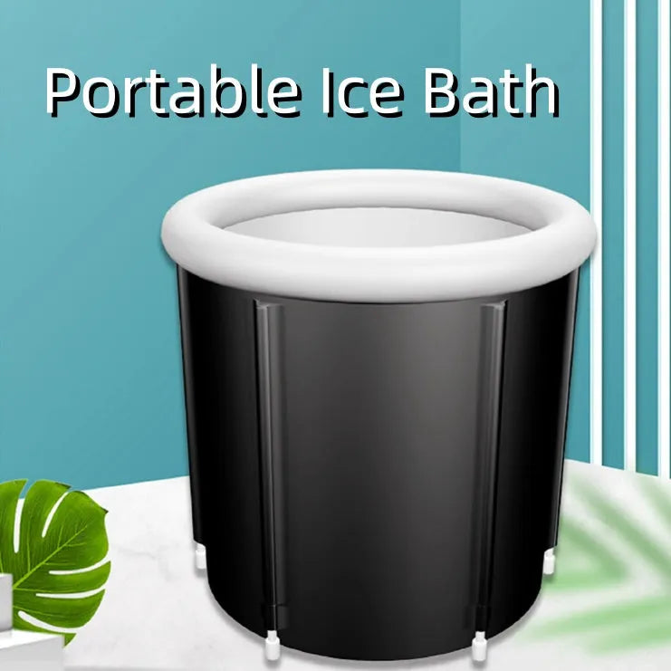 Black inflatable portable ice bath tub with weather lid and accessories for cold water therapy