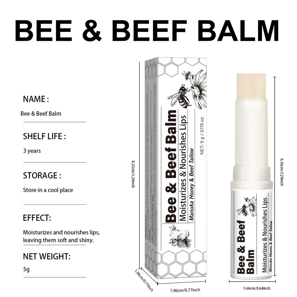 Beef fat and organic grass-fed butter lip balm in a 5g white tube with 83mm length.