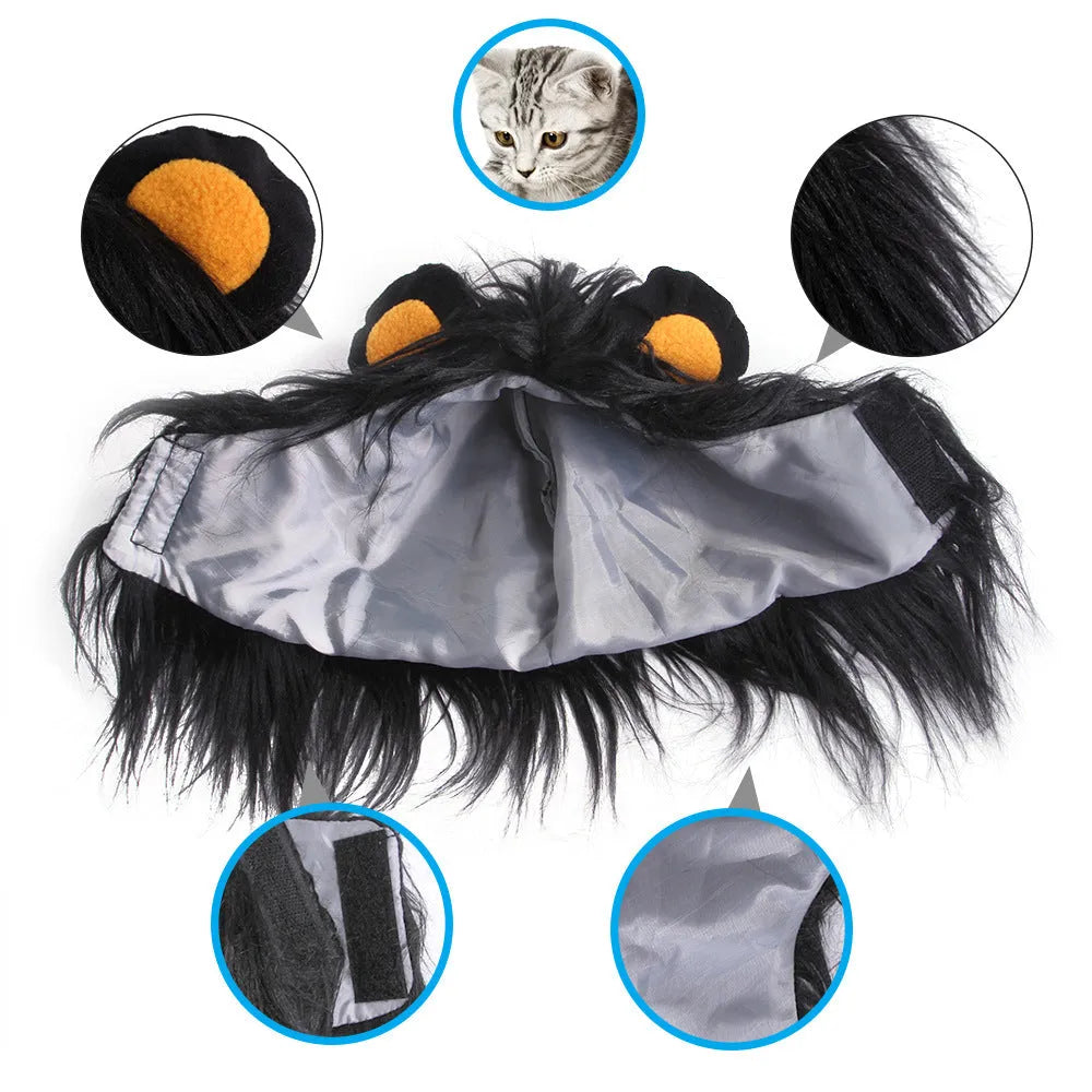 Black lion mane pet cat headgear wig hat shown on a cat, with white colour option available.