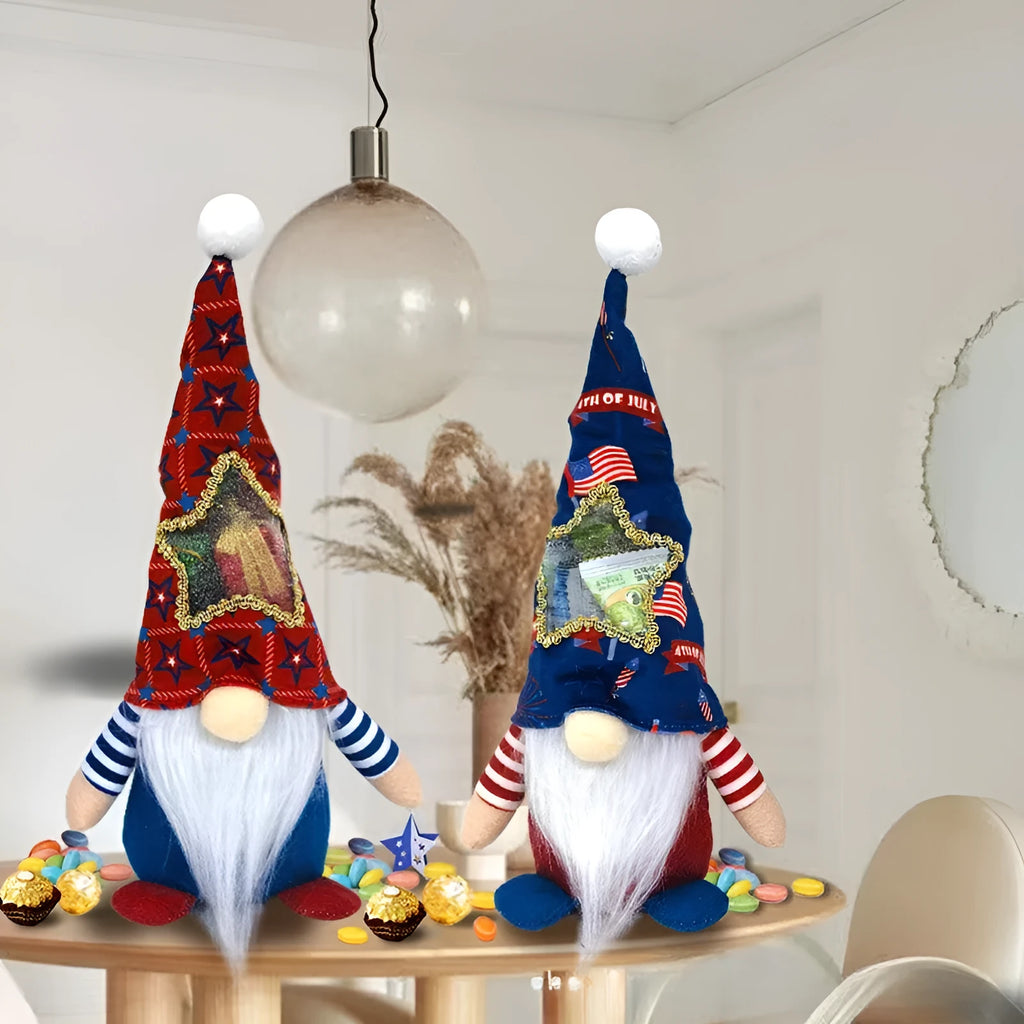 Two faceless Rudolf baby doll Christmas decorations made from red polyester cloth, each measuring 32cm tall