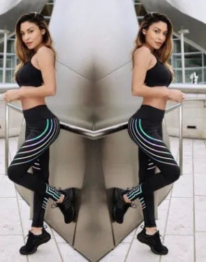 Women's black and white glowing print leggings made from milk silk blend fabric for workouts