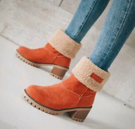 Women's suede mid-tube snow boots with a thick heel and round toe in various colours.