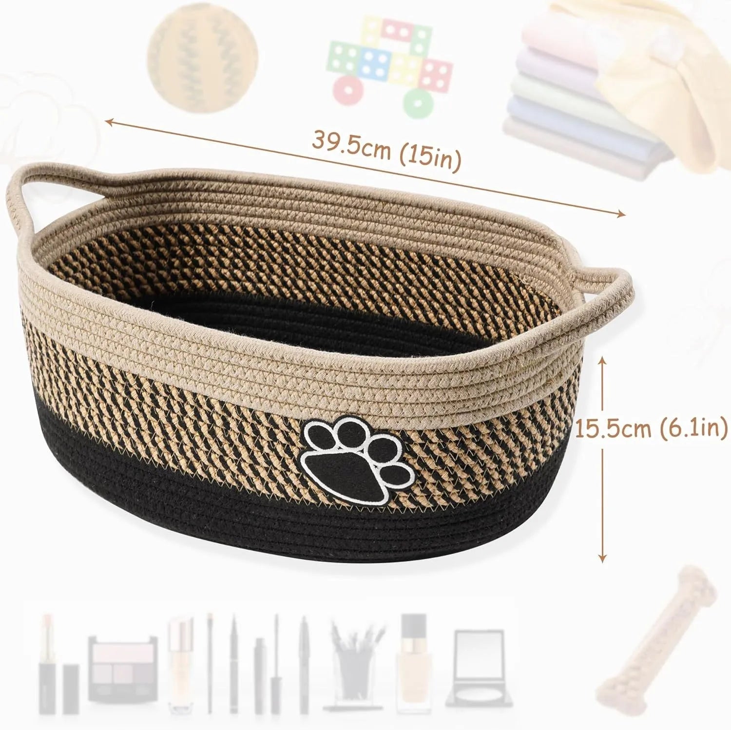 Handmade woven light beige cotton rope storage basket with wooden handles showing 34x26x15cm dimensions