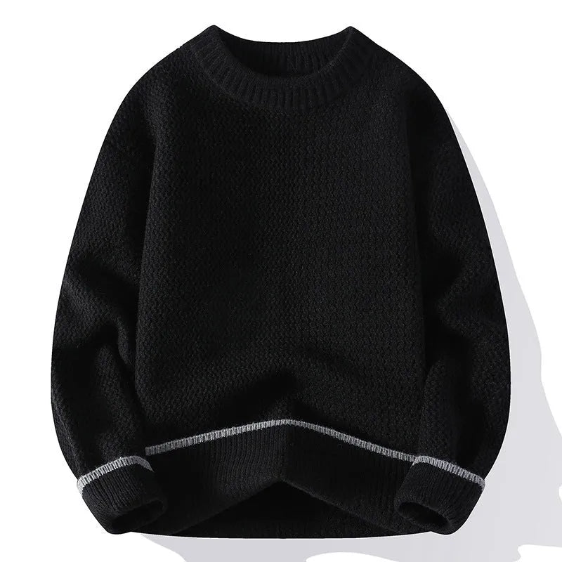 Grey loose fit men's round neck pullover sweater with long sleeves on a hanger.