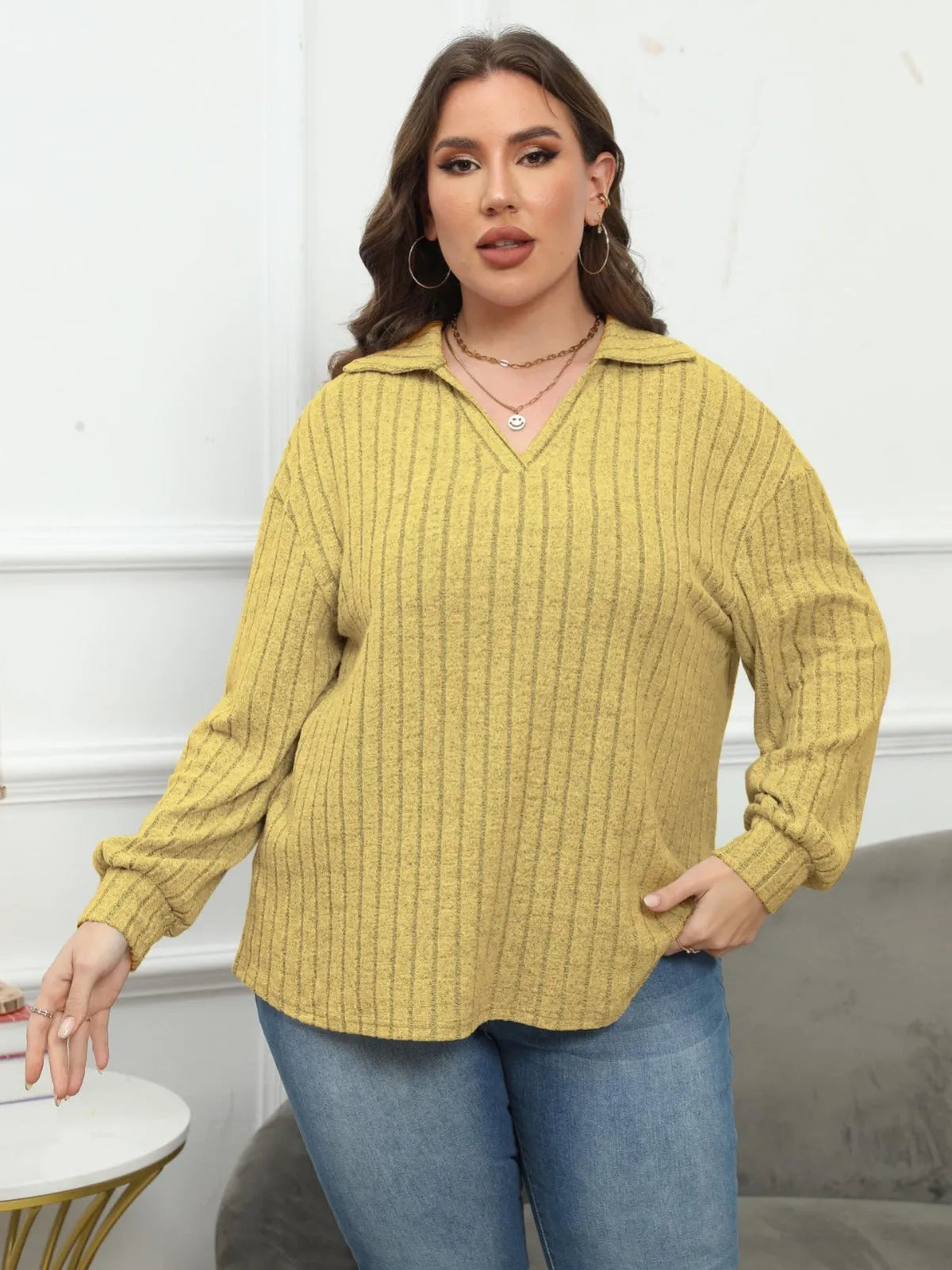 Women's plus size gray fleece shirt with a polo collar and puffed lantern sleeves in a Gothic streetwear style.