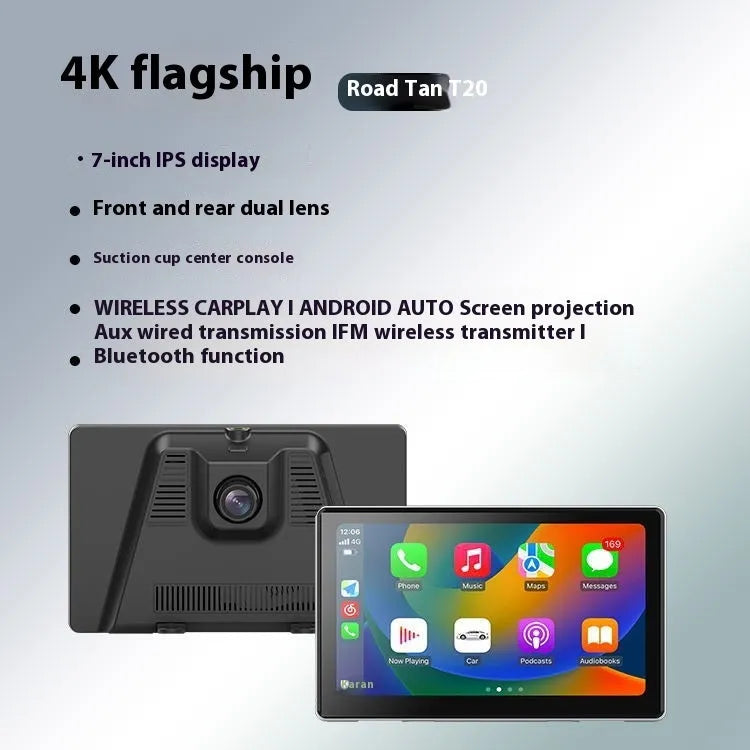 7-inch black wireless CarPlay dash camera with touch screen and wide-angle lens