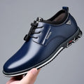 Plus size men's casual leather shoes with artificial PU upper, elastic band, black colour, low top round toe, rubber sole, size 38 to 52