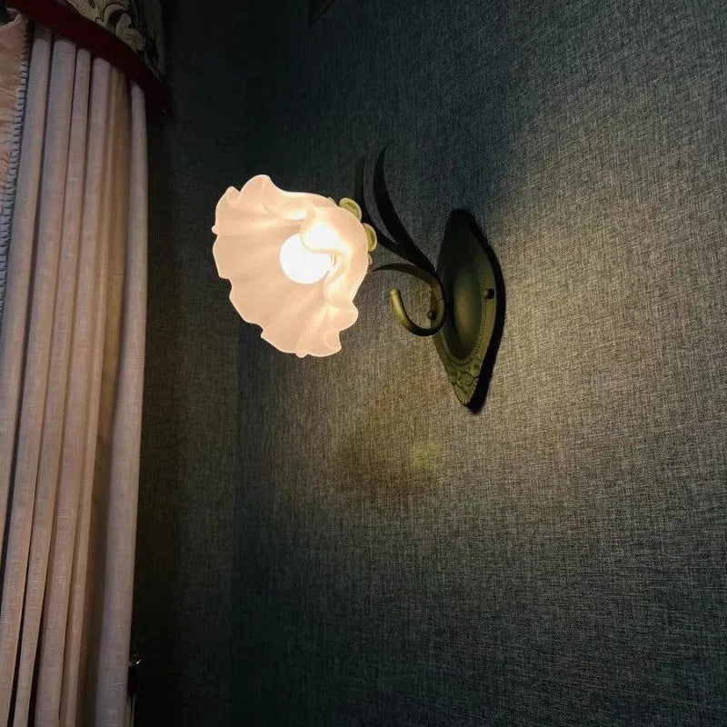 Pastoral style green flower wall lamp with glass shade and LED lighting