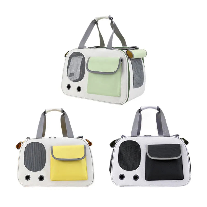A foldable single shoulder pet bag made from canvas in black, green, or yellow.