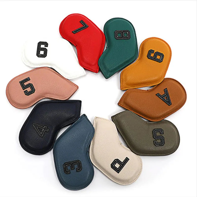 Set of 10 digitally printed PU golf club head covers in assorted designs.