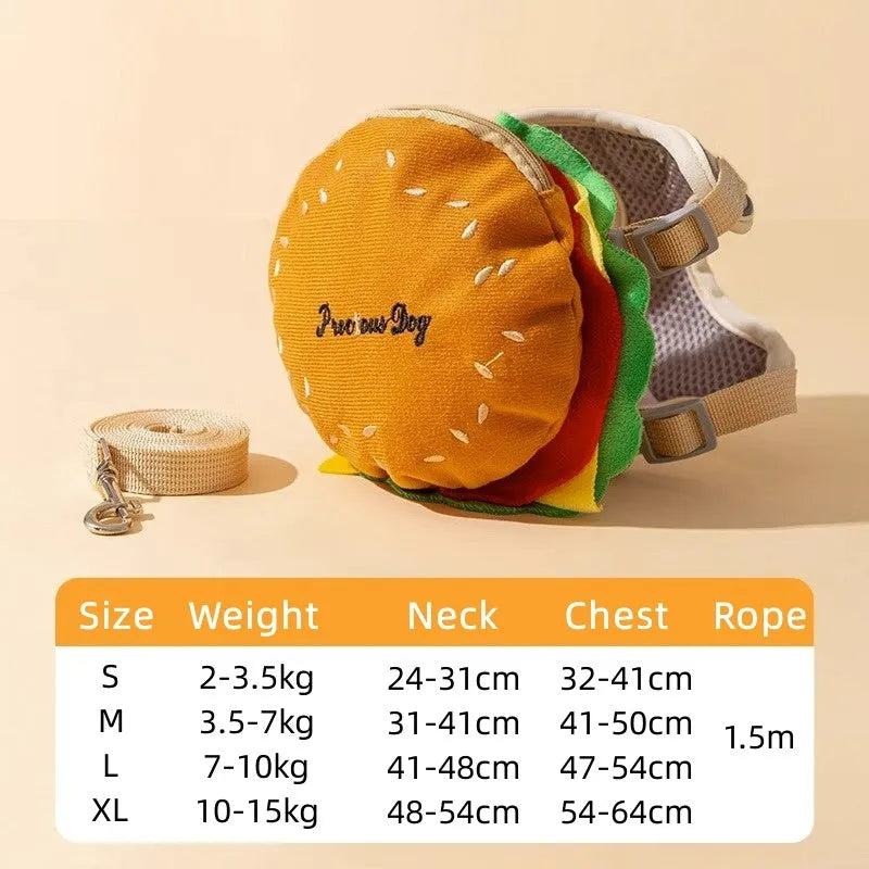Cartoon hamburger print adjustable vest leash for a small dog, showing backpack-style escape-proof design.