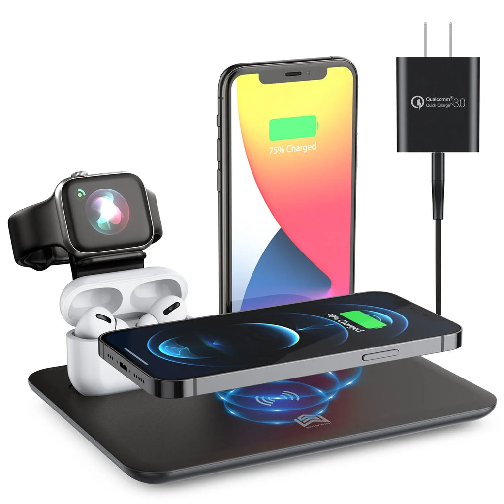 Black and white desktop wireless charging station for phone, headphones, and smartwatch with USB cable.
