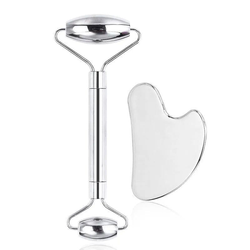 Stainless steel facial massage board with double-headed roller and heart-shaped eye poking stick
