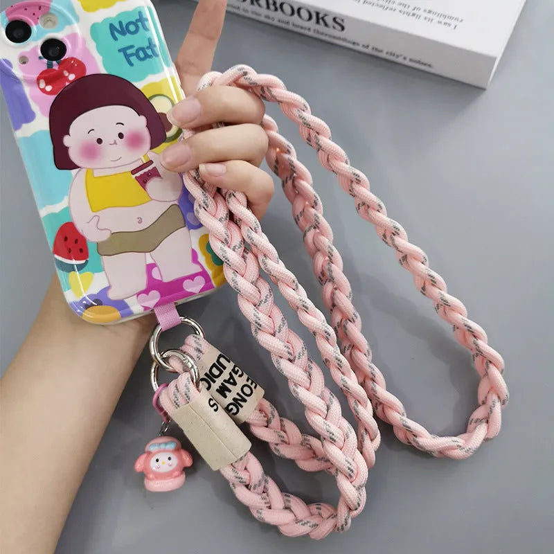 Woven nylon crossbody phone lanyard with macaron pendant in Pink Dot Gray, showing three-strand horse tail detail and matching clip.