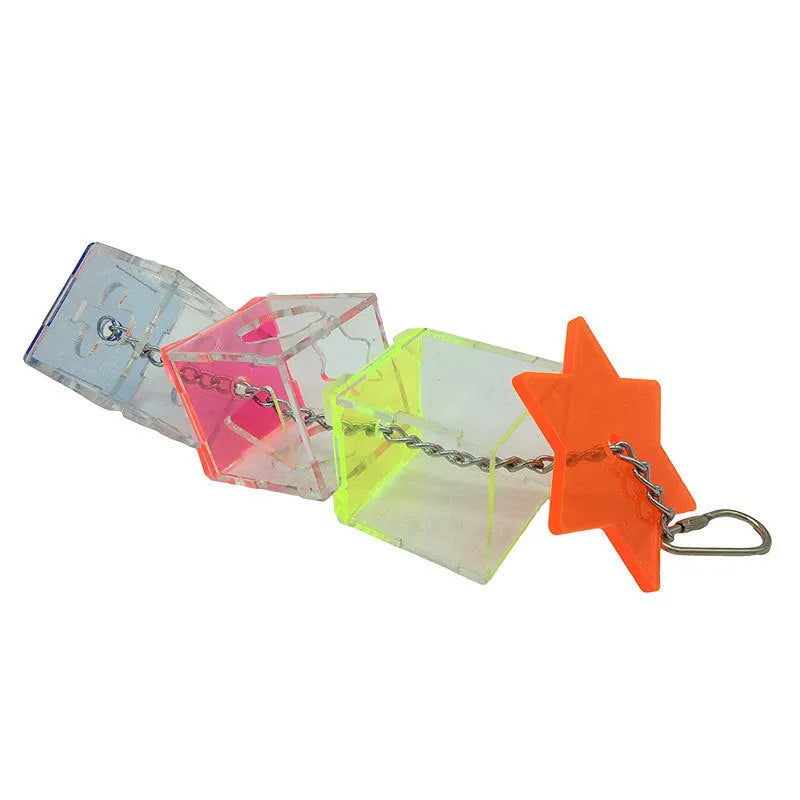 Clear acrylic parrot foraging toy for holding fruits and nuts, measuring 32 cm long.
