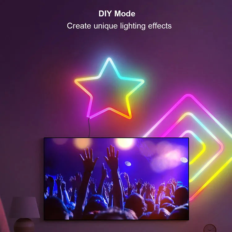 3-metre long RGB magic colour LED neon strip light with remote control on a dark background.
