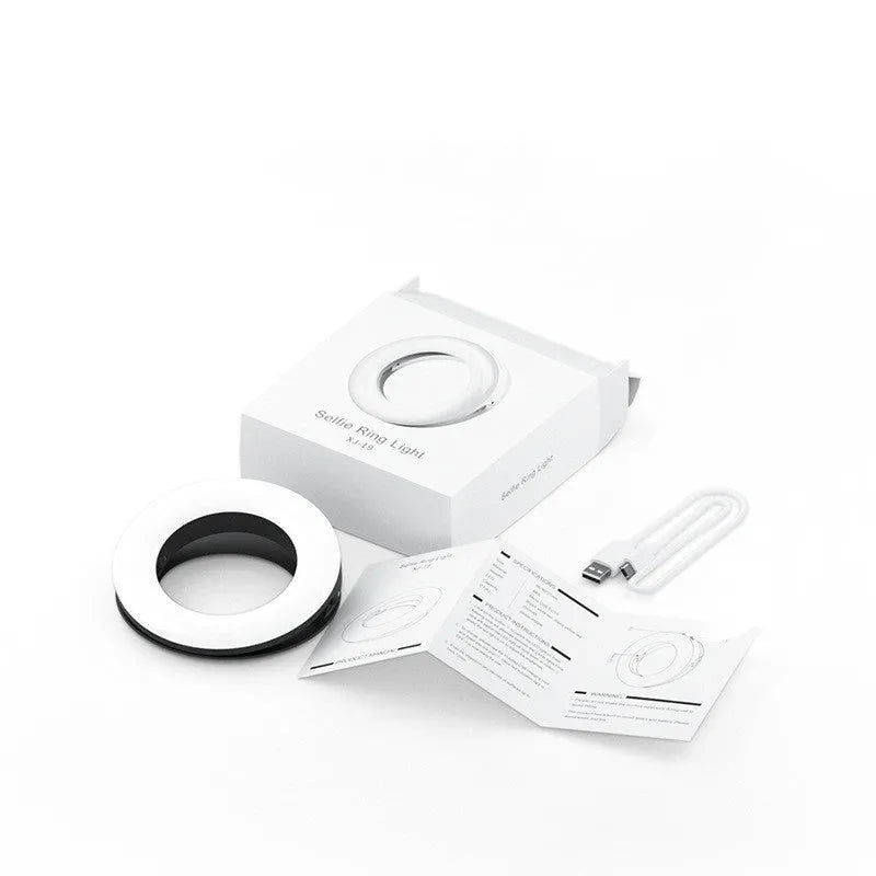 Black LED selfie ring light for mobile phones with USB cable and adjustable brightness settings