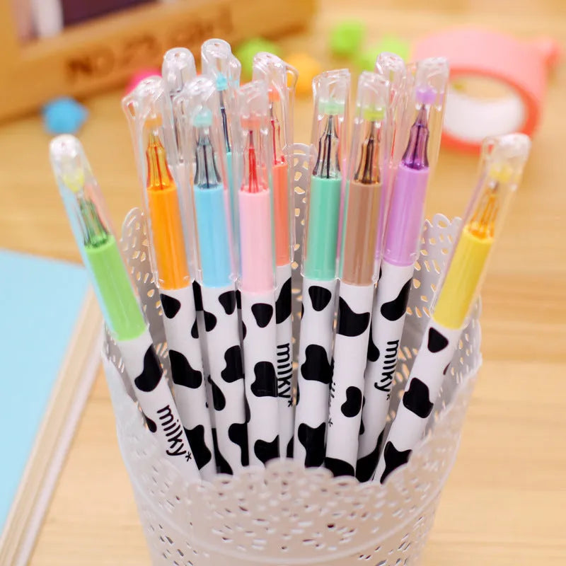 Cow colour gel pen with 0.38mm fine tip and 12 coloured refills in a plastic shell.