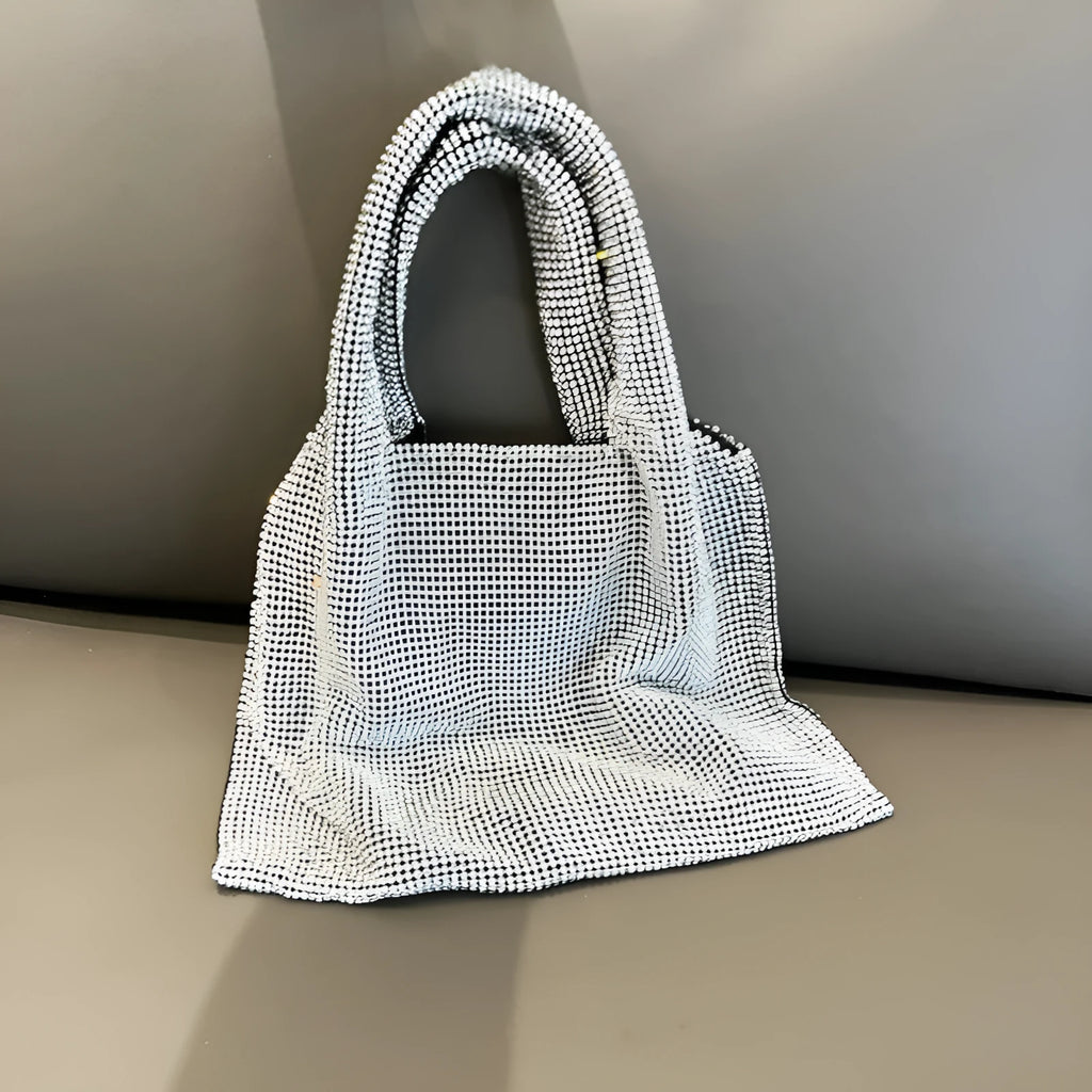 Silver shiny rhinestone evening handbag with open outer pocket for women's parties.