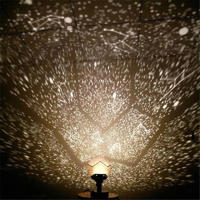 LED starry sky projector showing constellation projection on bedroom ceiling with remote control