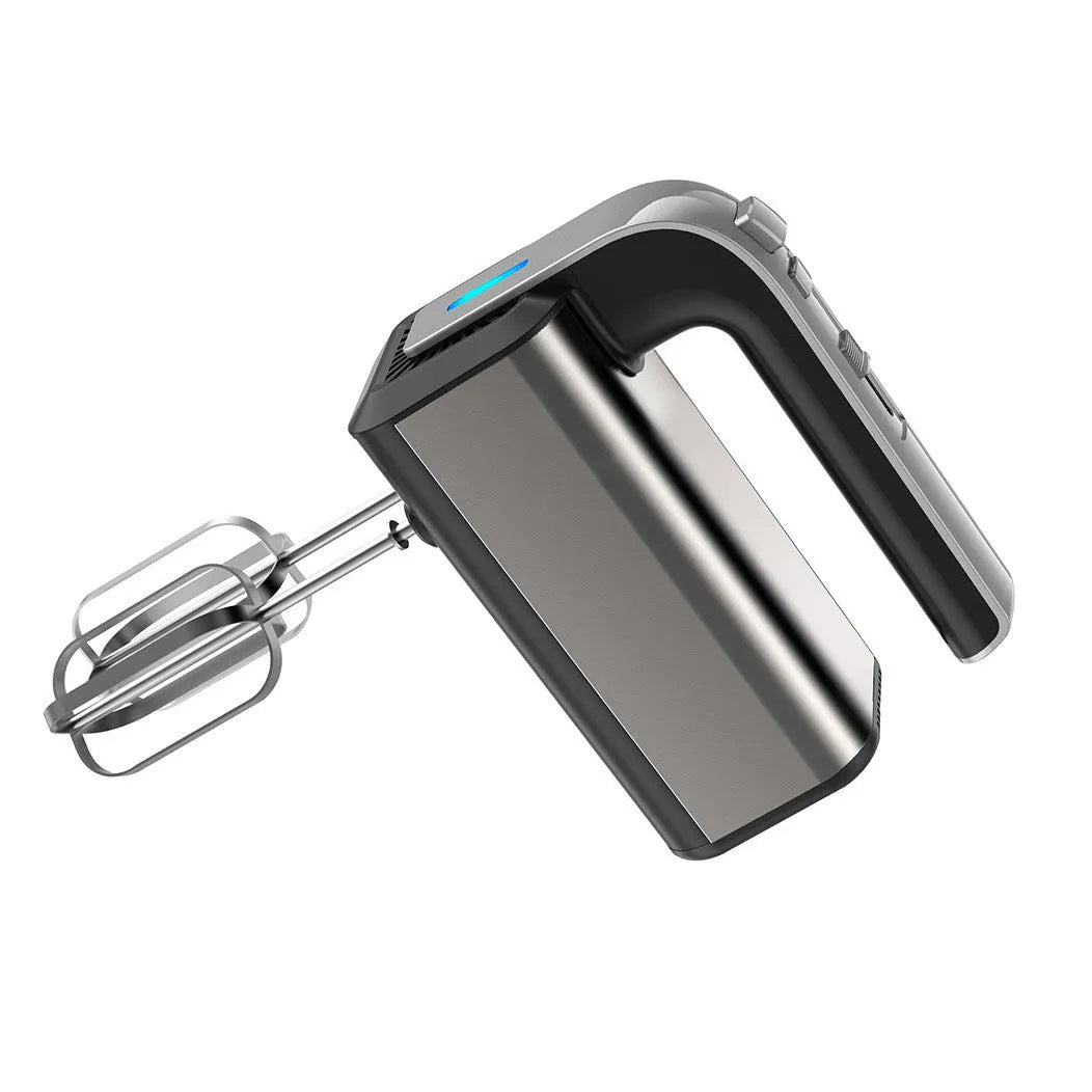 Silver handheld electric whisk with five-speed settings for kitchen mixing tasks