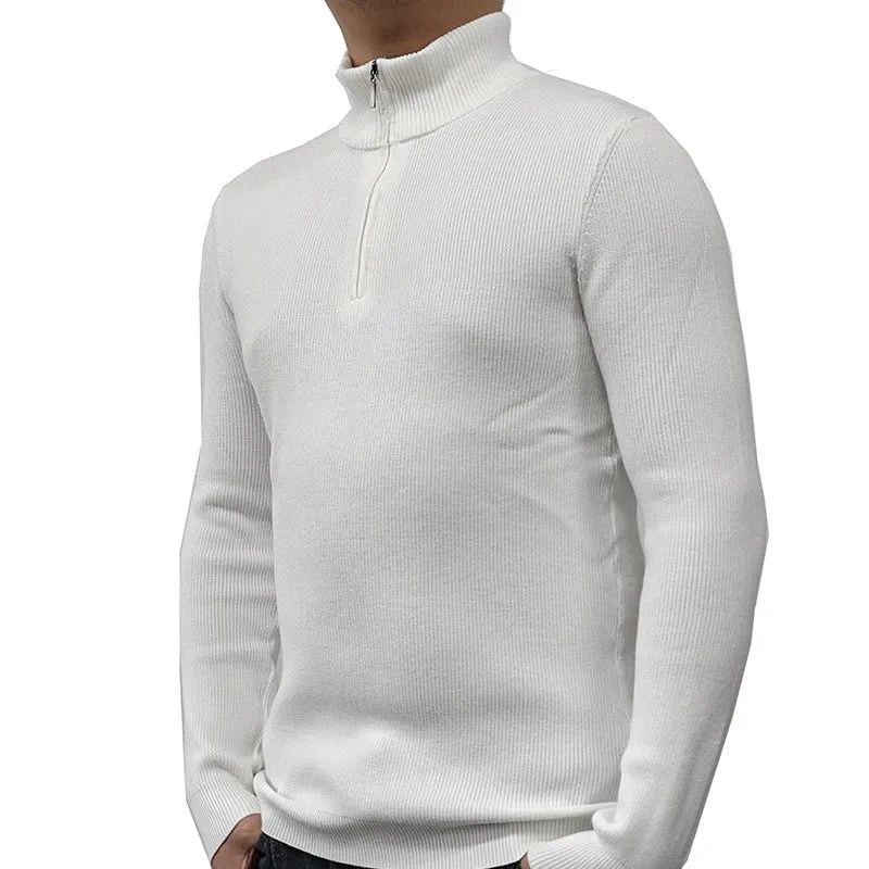 Men's grey half-turtleneck zip sweater with long sleeves on a hanger.