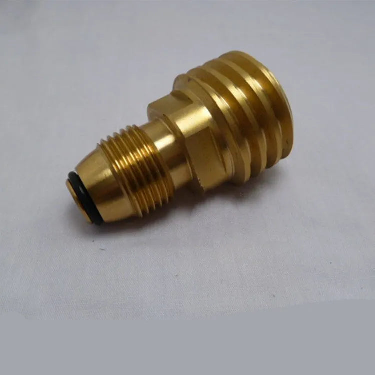 Brass gas charging adapter with gold finish and taper external thread for 7mm connections