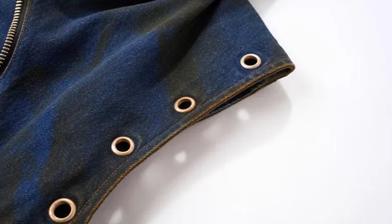 Korean style blue hooded denim vest coat and trousers set with heavy industry deconstructs design