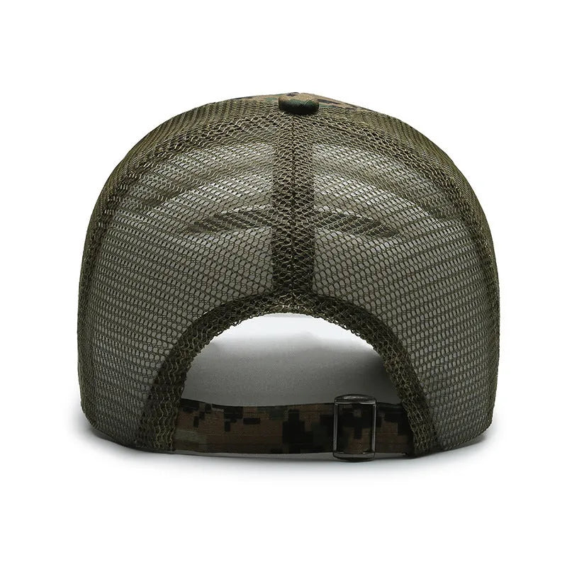 Tactical camouflage baseball cap with machine embroidery, adjustable Velcro back, and dome crown design