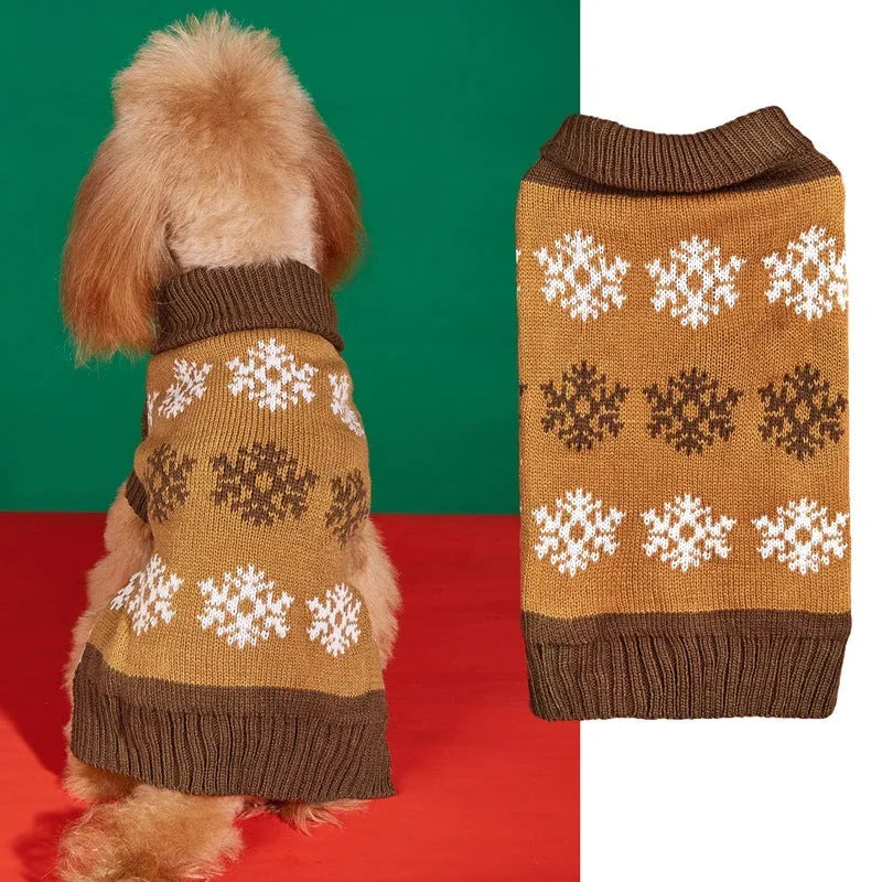 Brown and grey dog sweater with snowflake pattern for Christmas and winter wear.