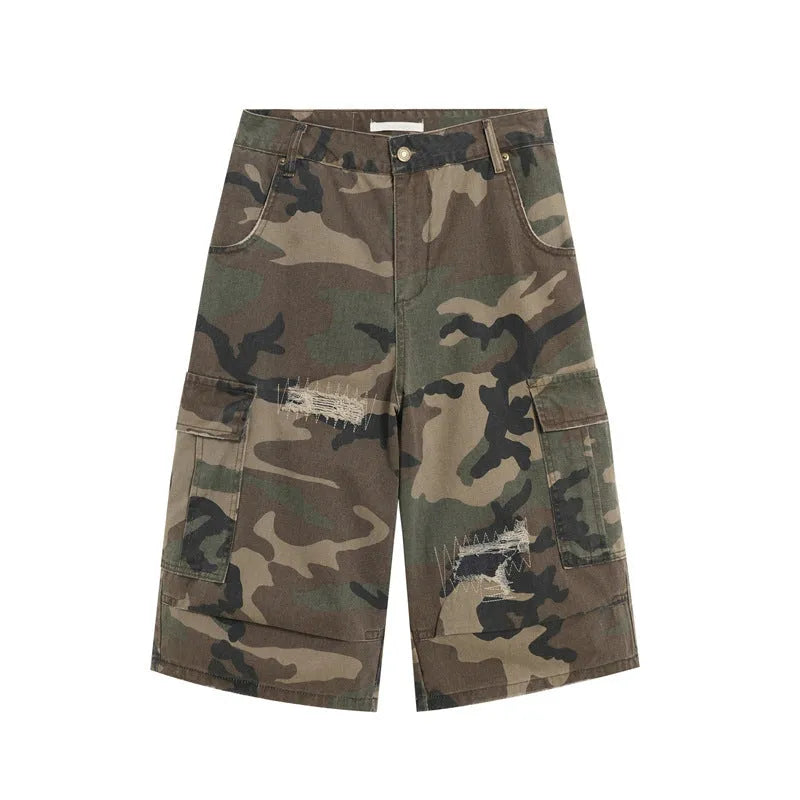 Men's camouflage cropped pants with ripped patches and straight leg cut