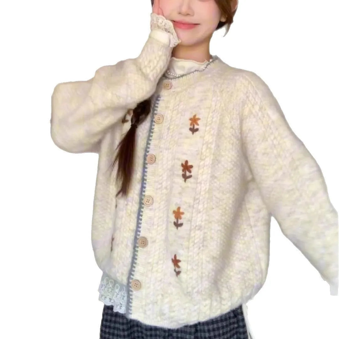 Women's oatmeal knitted cardigan with flower pattern, round neck, button front, long sleeves