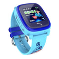 Blue children's waterproof smartwatch with touch screen and silicone wristband showing GPS tracking display