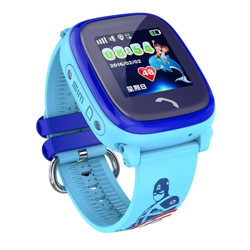 Blue children's waterproof smartwatch with touch screen and silicone wristband showing GPS tracking display