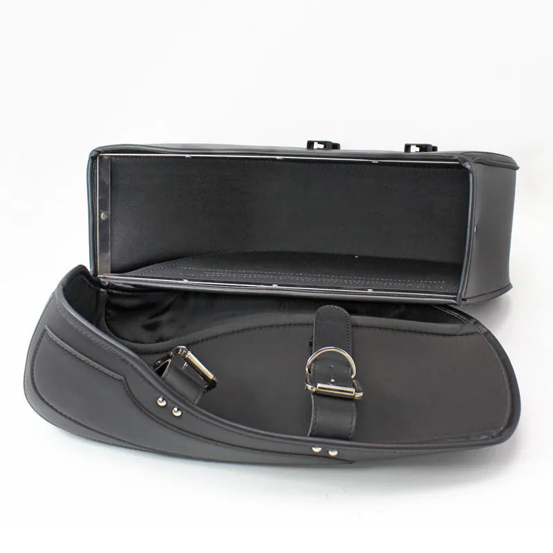 Retro style motorcycle saddle bag in PU leather with 42cm dimensions, shown in black and brown colour options
