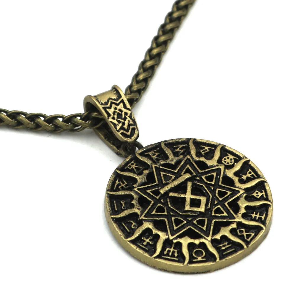Lunavin logo alloy pendant necklace with leather rope and snake chain in antique silver or bronze finish.